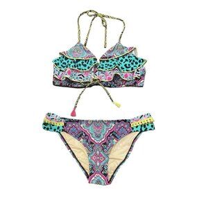 Betsey Johnson $118 Bikini Swimsuit Neon Mixed Animal Print Paisley Size Large